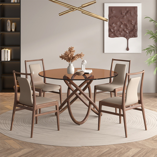 现代极简钢化玻璃餐桌设计师，实木圆桌北美黑胡桃木圆餐桌椅组合