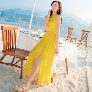 黄色连衣裙夏雪纺(夏雪纺，)吊带长裙高级感沙滩，裙海边度假三亚超仙裙子