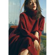 欧洲站秋季2023女装法式高级感长款毛衣裙(毛，衣裙)红色高领针织连衣裙