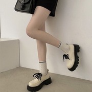 粗跟厚底白色小皮鞋系带英伦风复古女韩版单鞋子2024年秋季潮