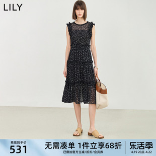 lily2024夏法式(夏法式)复古碎花轻薄花边无袖高腰显瘦连衣裙小黑裙