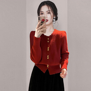 qir法式红色针织开衫，女2023冬装小个子，设计感收腰显瘦打底衫