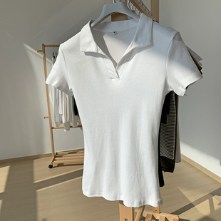 正肩polo衫短袖t恤女士2023翻领白色，螺纹设计感打底上衣夏季