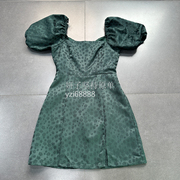 外贸美单altar'd浮雕提花方领泡泡袖收腰法式复古墨绿色连衣裙女