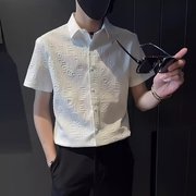 冰丝短袖衬衫男夏季潮牌高级感白色薄款修身中袖衬衣潮流痞帅套装