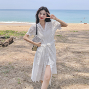 白色蕾丝镂空收腰衬衫连衣裙套装内搭吊带裙两件套夏季海边度假裙