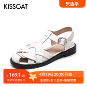 kisscat接吻猫夏季牛皮圆头一字，扣方跟时装罗马凉鞋女ka21333-50