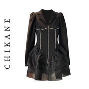 CHIKANE 泡泡袖气质赫本收腰荷叶边西装裙A字通勤高级黑色连衣裙