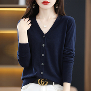 藏蓝色羊毛开衫，女2024年法式精致v领宽松针织衫长袖外套上衣