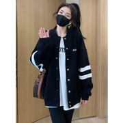 黑色棒球服外套女秋冬2023年韩版宽松小个子休闲夹克开衫上衣