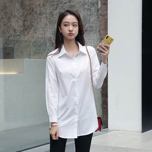 衬衫女长袖2022春装，大码显瘦中长款学生韩范白衬衫，休闲打底白衬衣(白衬衣)
