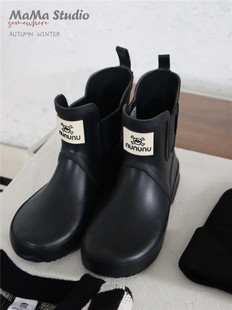 mamastudio黑色短筒雨靴儿童，亲子雨鞋玩雪靴子防滑防水时尚户外