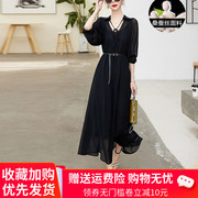 杭州大牌真丝连衣裙女夏季设计感气质时尚短袖纯色桑蚕丝裙子