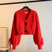 红色毛衣女粗针编织坑条宽松短款小个子上衣春秋针织开衫外套