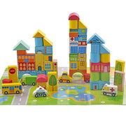 onshine62粒桶装城市交通，场景积木木制益智力，儿童大块木质玩具