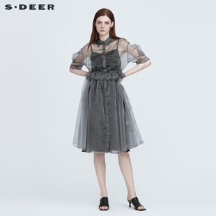 sdeer圣迪奥夏季雪纺长裙，女网纱抽褶吊带两件套连衣裙s222z122j