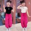 女童短袖套装夏季2023时髦女孩韩版玫红，休闲工装裤运动两件套
