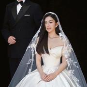 2023韩式新娘蕾丝头纱披肩式长款拍照婚纱摄影道具，复古头饰样片拍