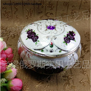 Z2俄罗斯彩锡金属烟灰缸盒翻盖圆形银边白色紫玫瑰花厚重精致