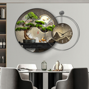 迎客松餐厅装饰画轻奢高档钟表挂画饭厅餐桌新中式客厅时钟墙壁画