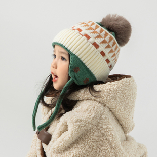 儿童帽子秋冬季宝宝毛线，帽时尚女童，针织帽男童护耳帽保暖防风冬天