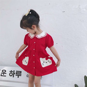2023春夏季女童开衫设计收腰连身长裙，红色短袖甜美可爱连衣裙