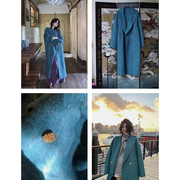 “蓝海传说”秋冬2023蓝色羊毛，混纺双面尼大衣长，款大衣外套女