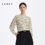 真丝lancy朗姿女装，2023夏季立领，印花蕾丝衬衫女长袖衬衣