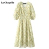 拉夏贝尔/La Chapelle超仙绿色碎花连衣裙女夏季收腰显瘦a字裙子
