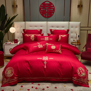 悠享婚庆四件套大红刺绣简约现代结婚床品六件套，婚庆床品红色