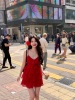 FLOWER YUAN 红色荷叶边吊带连衣裙女夏季收腰短裙蛋糕裙显白