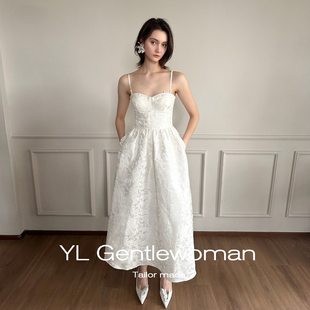 YL Gentlewoman白色提花抹胸连衣裙气质订婚小礼服裙领证长裙