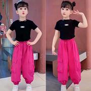 女童短袖套装夏季2023时髦女孩韩版玫红休闲工装裤运动两件套