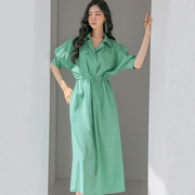 2023夏韩版时尚气质优雅衬衫裙纯色衬衫，领长裙森女系带连衣裙