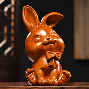 梵粟 实木兔子摆件十二生肖红木兔子客厅家居装饰品雕刻工艺品 花