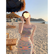 度假风镂空彩虹条纹吊带，背心中长款半身裙，女春季2024时尚套装