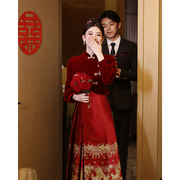 马面裙婚服敬酒服秋冬订婚服酒红色套装旗袍，新娘结婚丝绒中式礼服