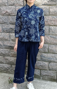 乌镇民族风女装蓝印花布长袖衬衫，斜襟中式上衣演出服餐厅工作服