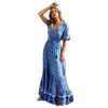 夏季女装波西米亚v领高腰，宽松大裙摆，短袖连衣裙度假海边长裙