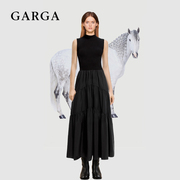 garga黑色高领针织拼接连衣裙，女赫本风气质，高腰蛋糕裙显瘦长裙子