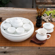家用纯白功夫陶瓷茶具，套装带盖碗，茶壶圆形茶船储水茶盘组合