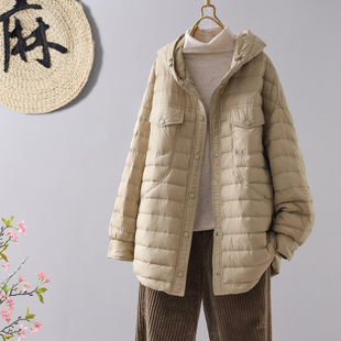 冬季韩版90白鸭绒(白鸭绒，)中长款连帽轻薄羽绒服，女士时尚宽松纯色外套