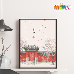 数字油画手工diy新中式客厅，中国风手绘油彩三联装饰画田园复古风