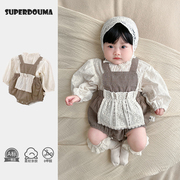 婴儿背带包屁衣套装韩版洋气女宝宝衣服秋装婴幼儿连体衣外出服