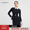 LANCY/朗姿女装2021秋季黑色蕾丝衬衫领法式西装外套收腰显瘦短款