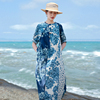 民族风蓝印花苎麻茧型连衣裙 设计感蓝染风圆领显瘦旅行长裙子女