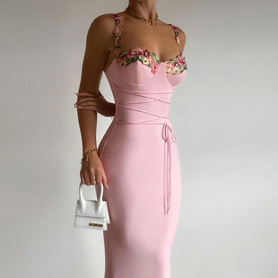 instunning 欧美裙子粉色花朵吊带连衣裙女高级感长裙绑带包臀裙