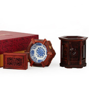 红木酸枝木创意商务青花瓷烟灰缸，六角笔筒名片盒，架锦盒套装
