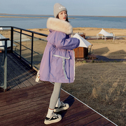 紫色派克服女冬季加绒加厚中长款棉服2022年高级皮草外套