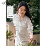 missCOCOON时尚裙子夏法式优雅泡泡袖宽松遮肉白色连衣裙
